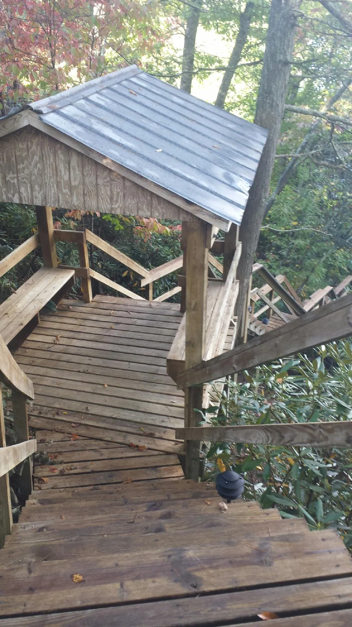 Metal roofed shelter over wooden steps on a wooded walkway — Skylight Repair & Installation work by our crew in Stroh